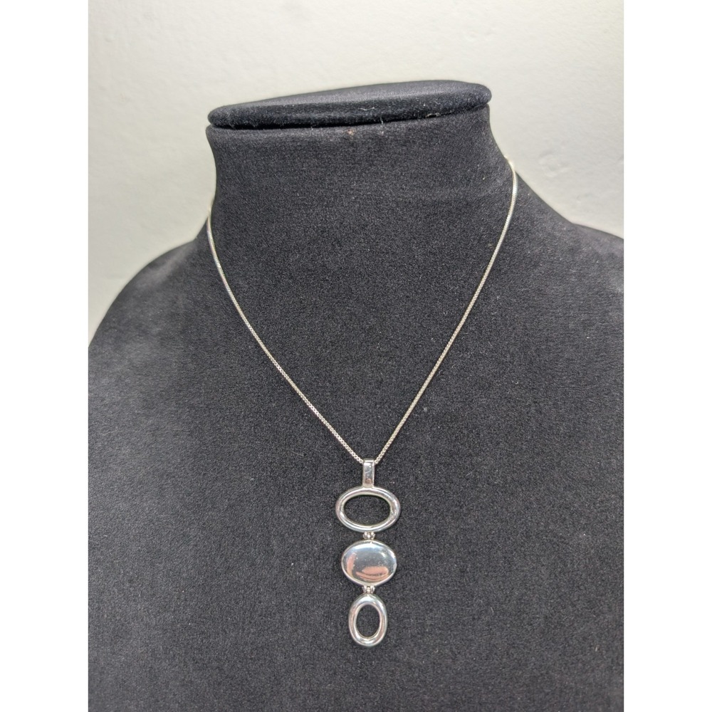 925 Sterling Silver Signed Triple Circle Pendant Necklace
